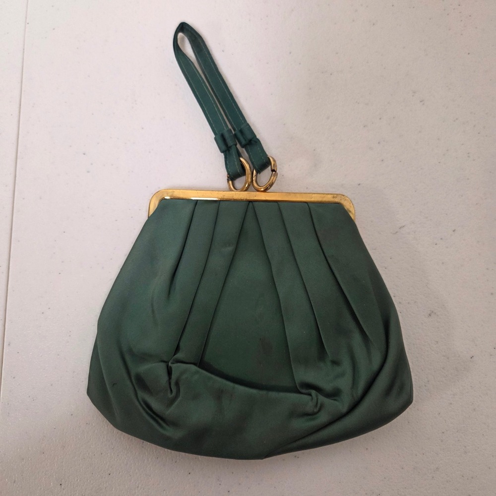 Vintage Forest Green Satin Pleated Wristlet Evening Bag Gold Tone Frame Clasp